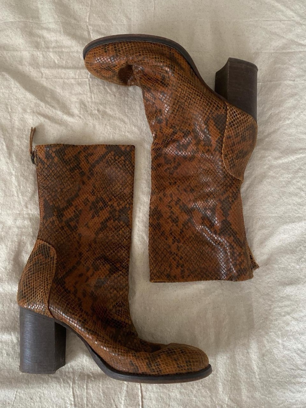 Free People Brown Snake-Print Mid-Calf Block Heel Boots